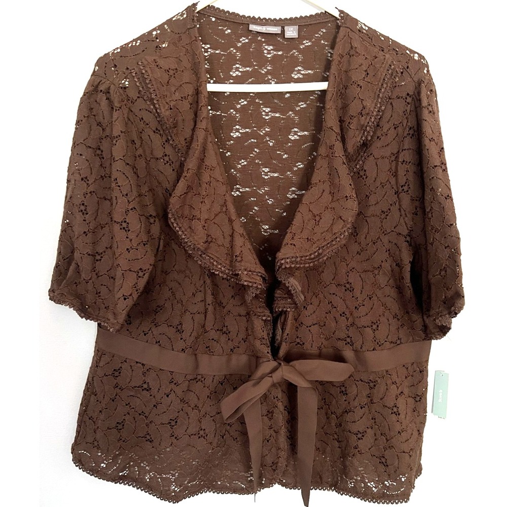 Apt. 9 Cardigan Women 1X Brown Lace Tie Front 3/4 Sleeve Sheer Scallop Hem NWT